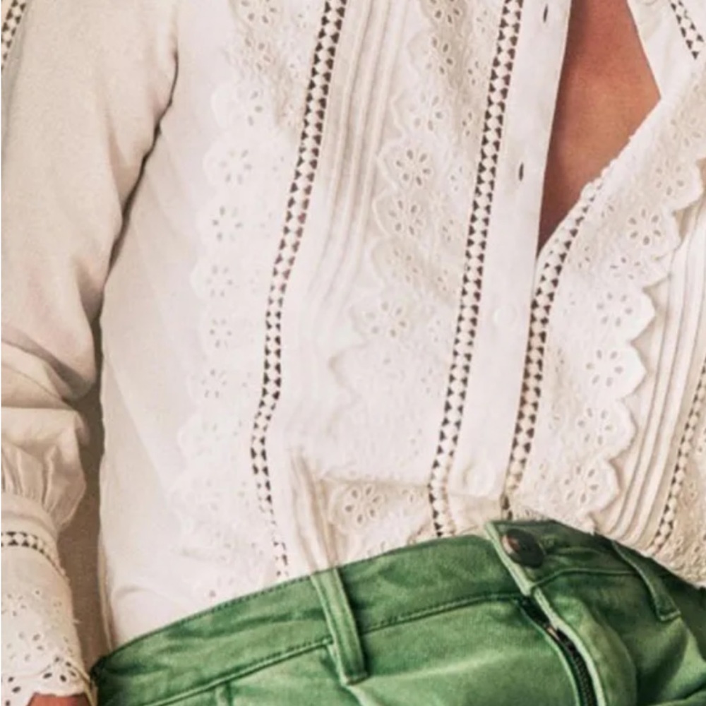 White Ruffled Mandarin Collar Blouse Sundance - Picture 2 of 8